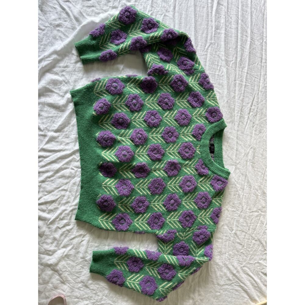 Green Purple Floral Knit Pullover Cottagecore Women's Sweater S/M - Picture 10 of 10